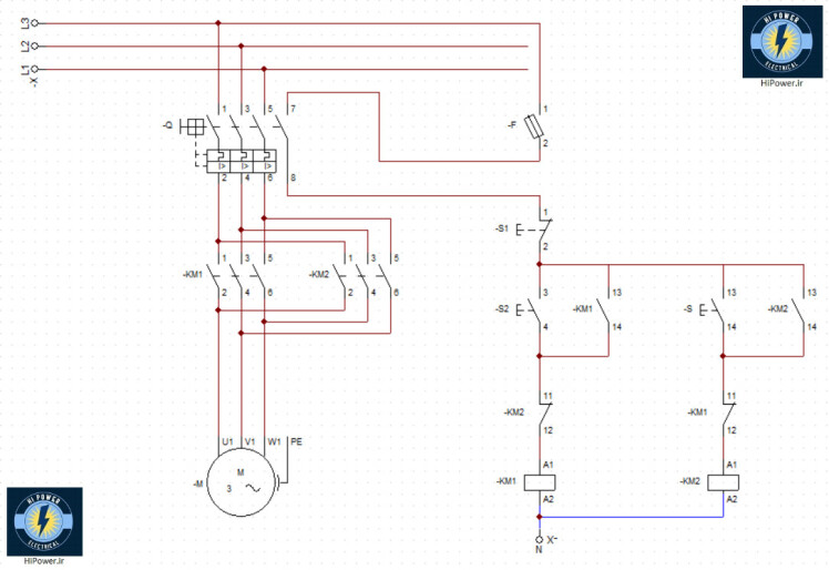 مدار فرمان و قدرت راه اندازی موتور سه فاز بصورت چپگرد راستگرد با کنتاکتور 