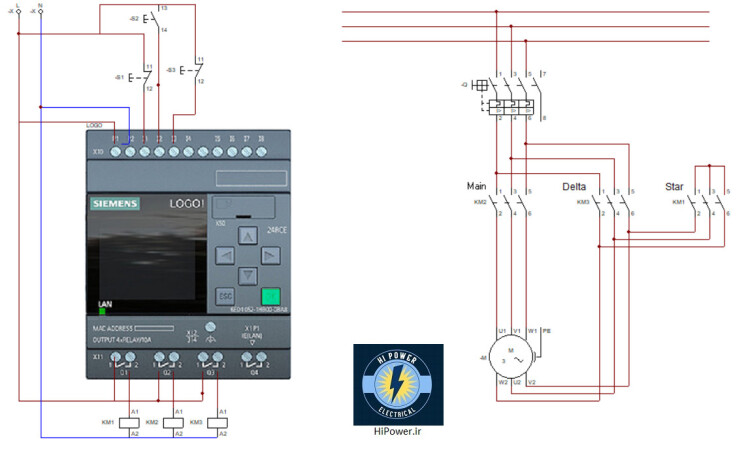 مدار فرمان و قدرت راه اندازی موتور سه فاز بصورت ستاره و مثلث بوسیله رله قابل برنامه ریزی لوگو