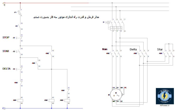 مدار فرمان و قدرت راه اندازی موتور بصورت ستاره مثلث دستی