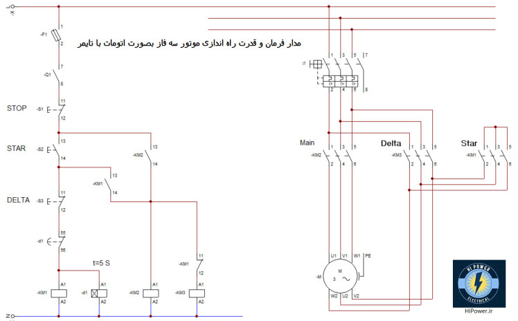 مدار فرمان و قدرت راه اندازی موتور سه فاز بصورت ستاره مثلث اتومات با تایمر